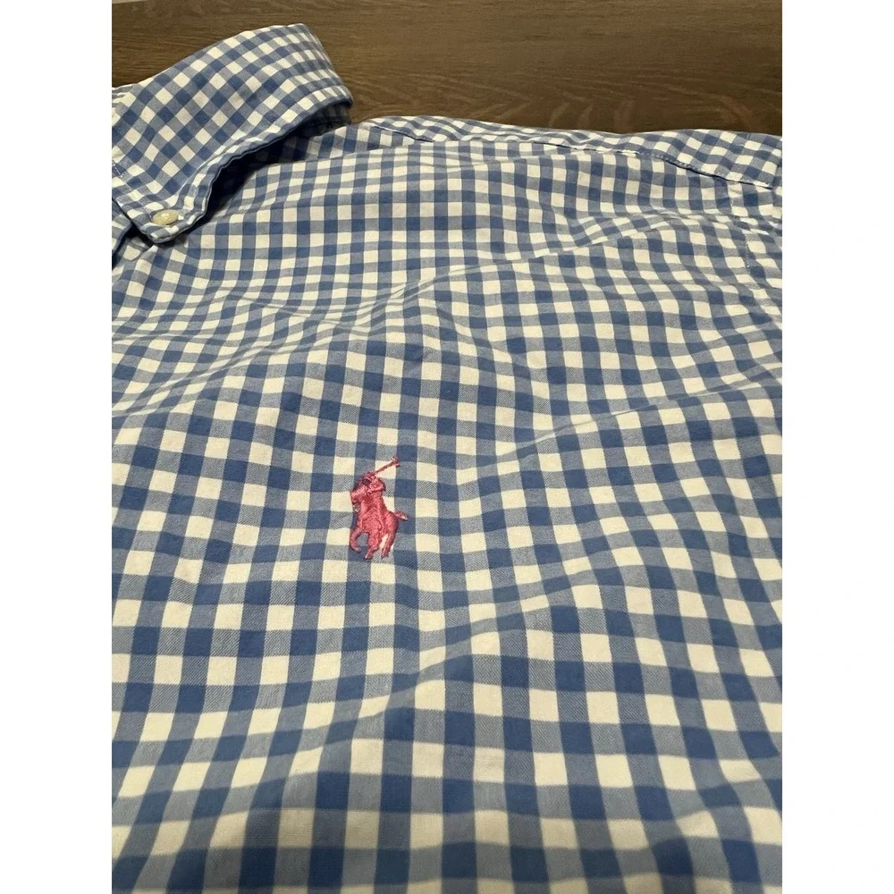 Ralph Lauren Polo Shirt Mens L Classic Fit Blue White Gingham Pink Pony